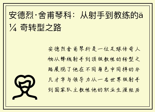 安德烈·舍甫琴科：从射手到教练的传奇转型之路
