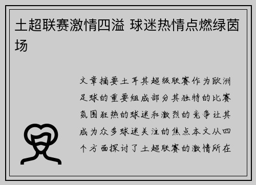 土超联赛激情四溢 球迷热情点燃绿茵场